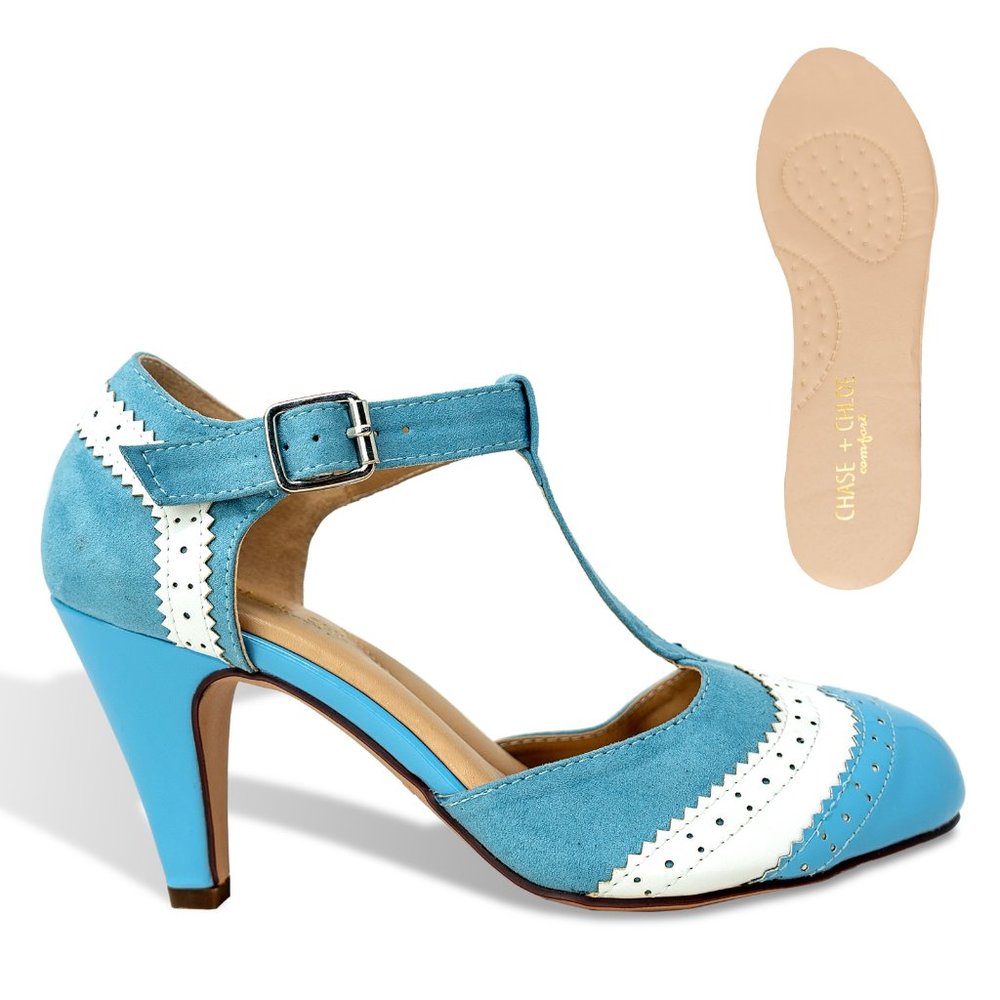 Chase & Chloe Kimmy-66 Closed Toe T-Strap Two Tone Oxford Pumps